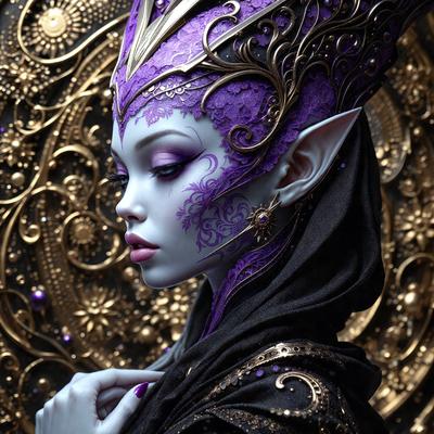 The primary subject of the image is a woman with purple hair, wearing a purple and black costume. She is posing for the camera, and her purple hair is a striking feature of her appearance. The setting is a room with a gold and purple background, which adds to the overall atmosphere of the image. The visual style is a combination of digital art and illustration, creating a unique and eye-catching portrait of the woman.
